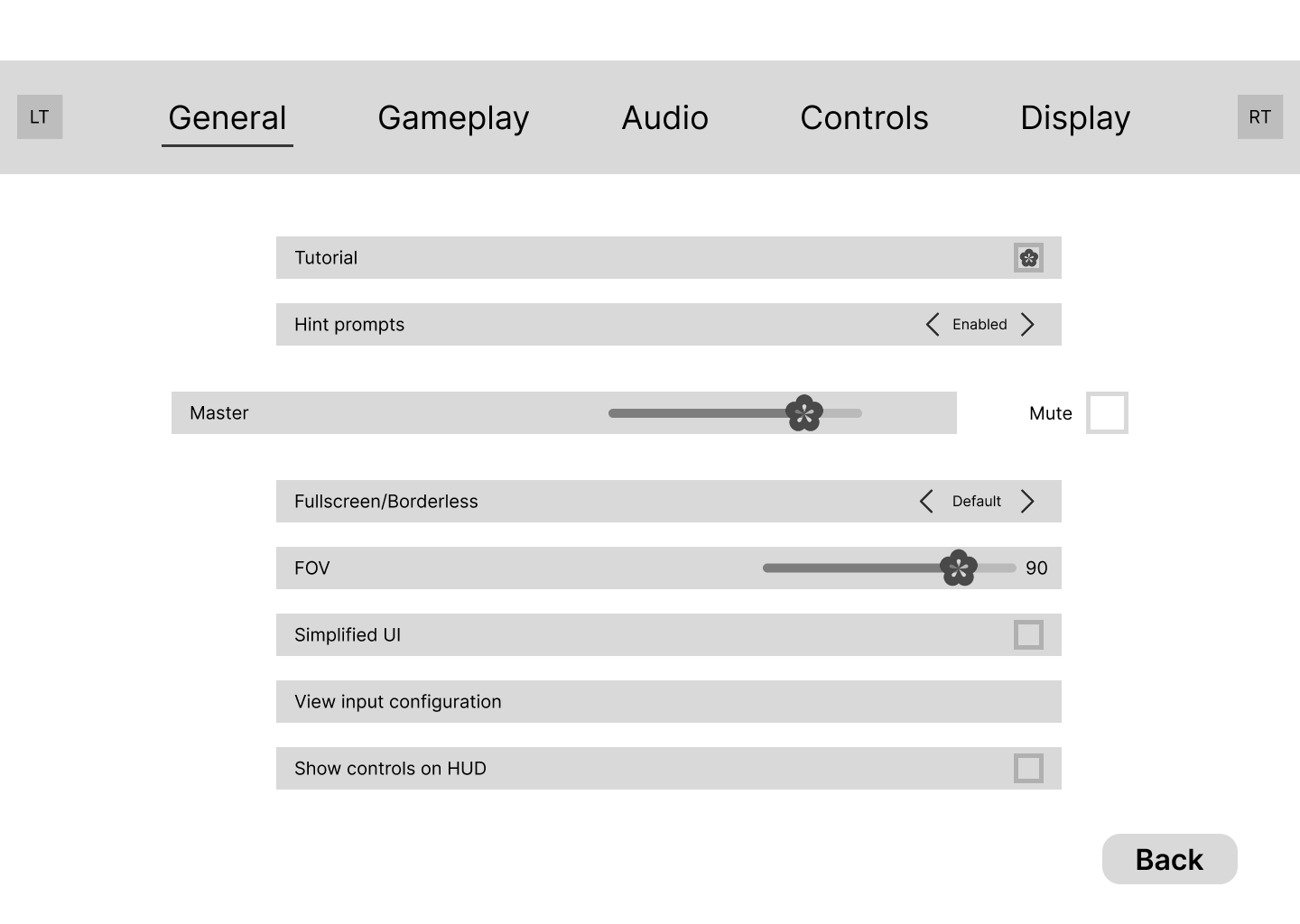 General settings, wireframe